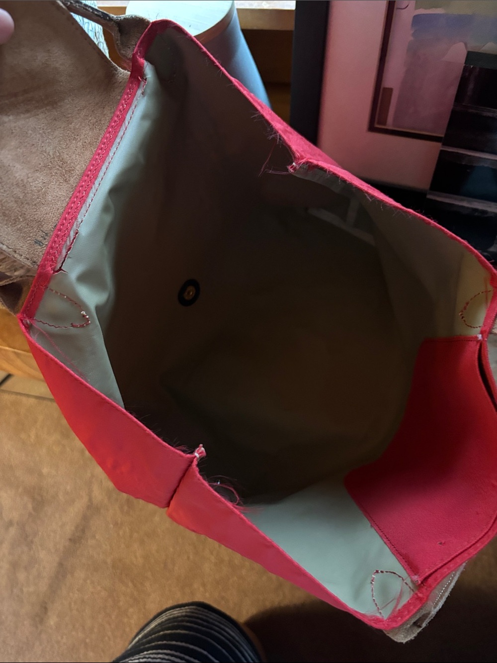 Red Longchamp Nylon Tote Bag with Brown Leather Trim - Picture 9 of 13